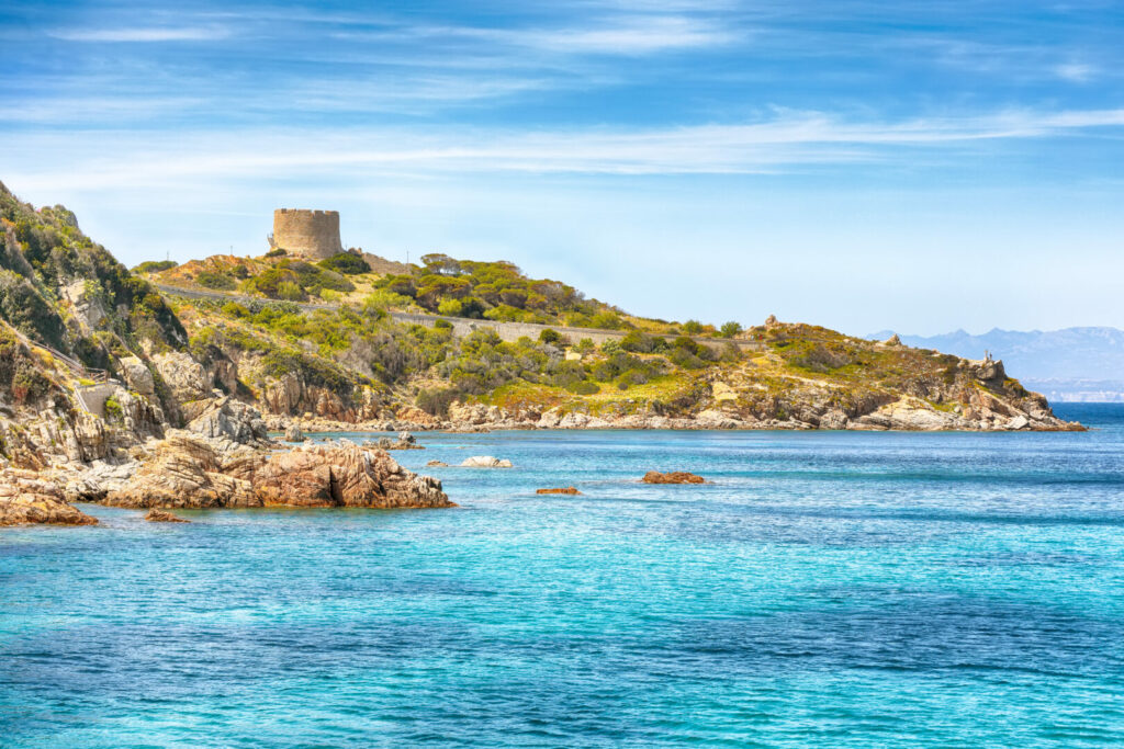 Gorgeous view of Torre di Longonsardo in Santa Teresa Gallura. Popular travel destination of Mediterranean sea. Location: Santa Teresa Gallura, Province of Sassari, Sardinia, Italy, Europe